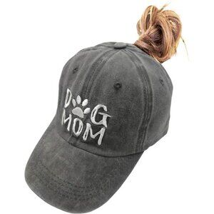 Dog Mom Ponytail Baseball Cap Messy Bun Vintage Washed Distressed Twill Plain